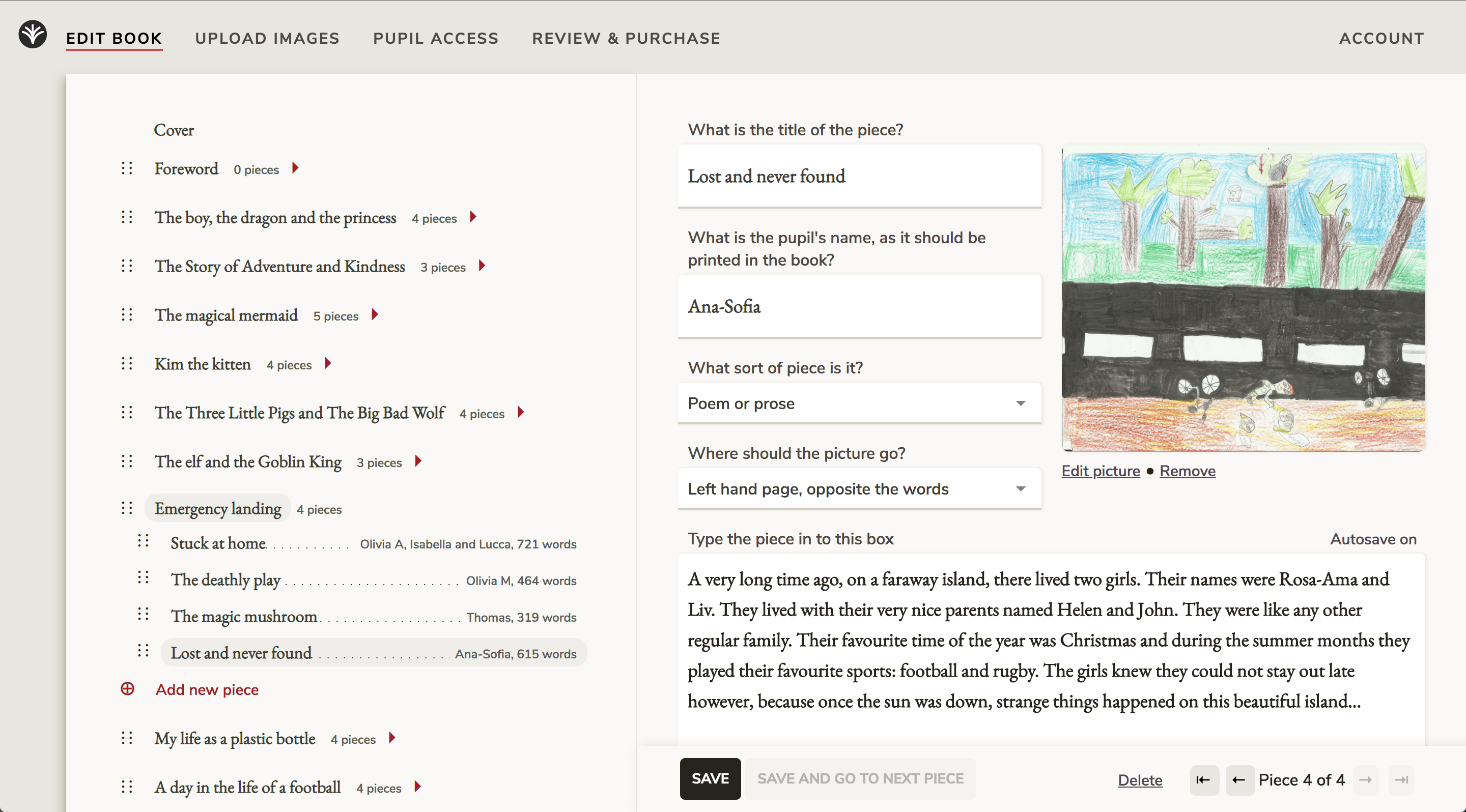 Screenshot of the navigation page and a child's piece on makeourbook.com